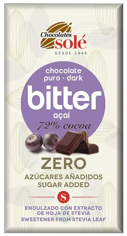 Hořká čokoláda 72% s acai a stévií bez cukru SOLÉ 100 g